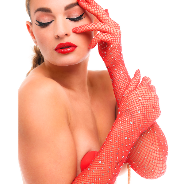 Rękawiczki Z Cyrkoniami Starlet Gloves Red/Rhinestones Kinky Diva