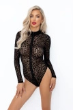 F287 Leopard Flock Bodysuit With Long Sleeves 3Xl Noir Handmade