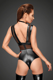 F183 Powerwetlook Body With Wide Straps, Tulle Inserts And Velvet Choker Xl Noir Handmade