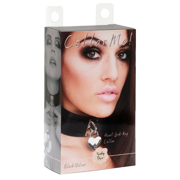 Obróżka Z Kłódką Heart Lock & Key Collar Black/Silver Kinky Diva