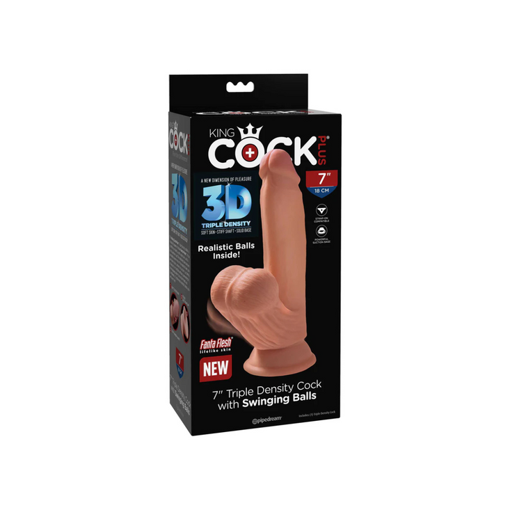 King Cock Dildo Plus 7" Triple Density Cock With Swinging Balls Tan