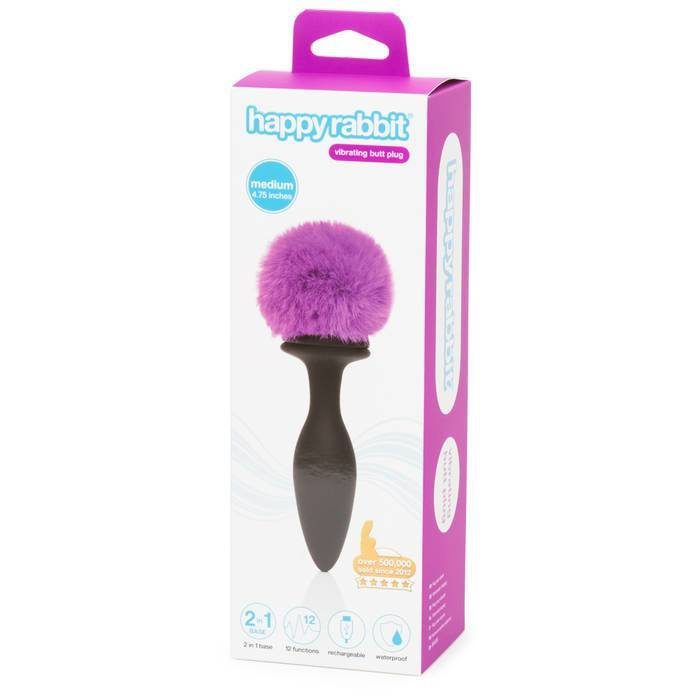 Wibrująca zatyczka z ogonkiem i kryształkiem Happy Rabbit Vibrating Butt Plug Black Medium