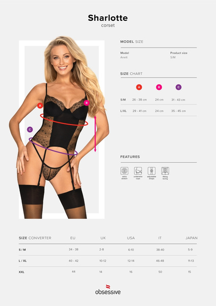 Czarny, Koronkowy Gorset Sharlotte S/M Obsessive