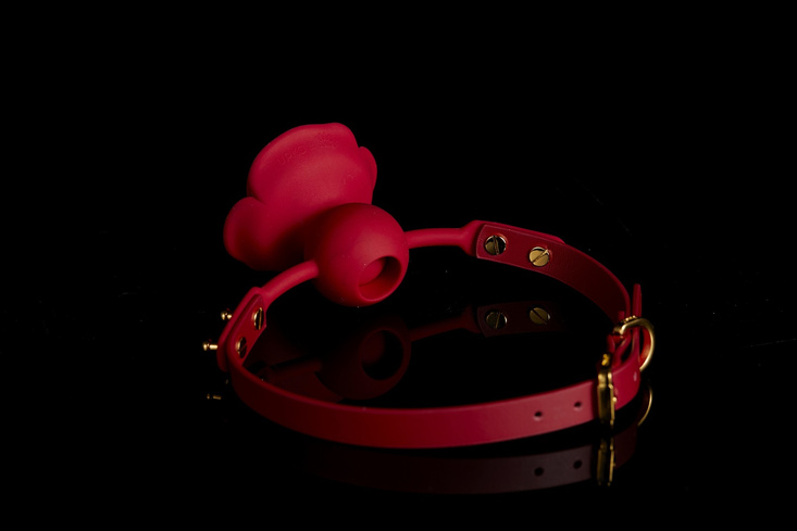 Silikonowy knebel w kształcie róży z czerwonymi paskami Zalo & Upko Rose Ball Gag Red Straps