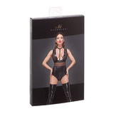 F183 Powerwetlook Body With Wide Straps, Tulle Inserts And Velvet Choker Xl Noir Handmade