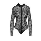 F287 Leopard Flock Bodysuit With Long Sleeves S Noir Handmade