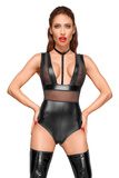 F183 Powerwetlook Body With Wide Straps, Tulle Inserts And Velvet Choker Xl Noir Handmade