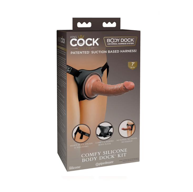 Uprząż z silikonowym dildo King Cock Elite Comfy Silicone Body Dock Kit Brown