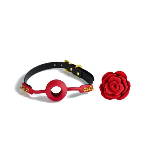 Silikonowy knebel w kształcie róży z czarnymi paskami Zalo & Upko Doll Series Rose Ball Gag